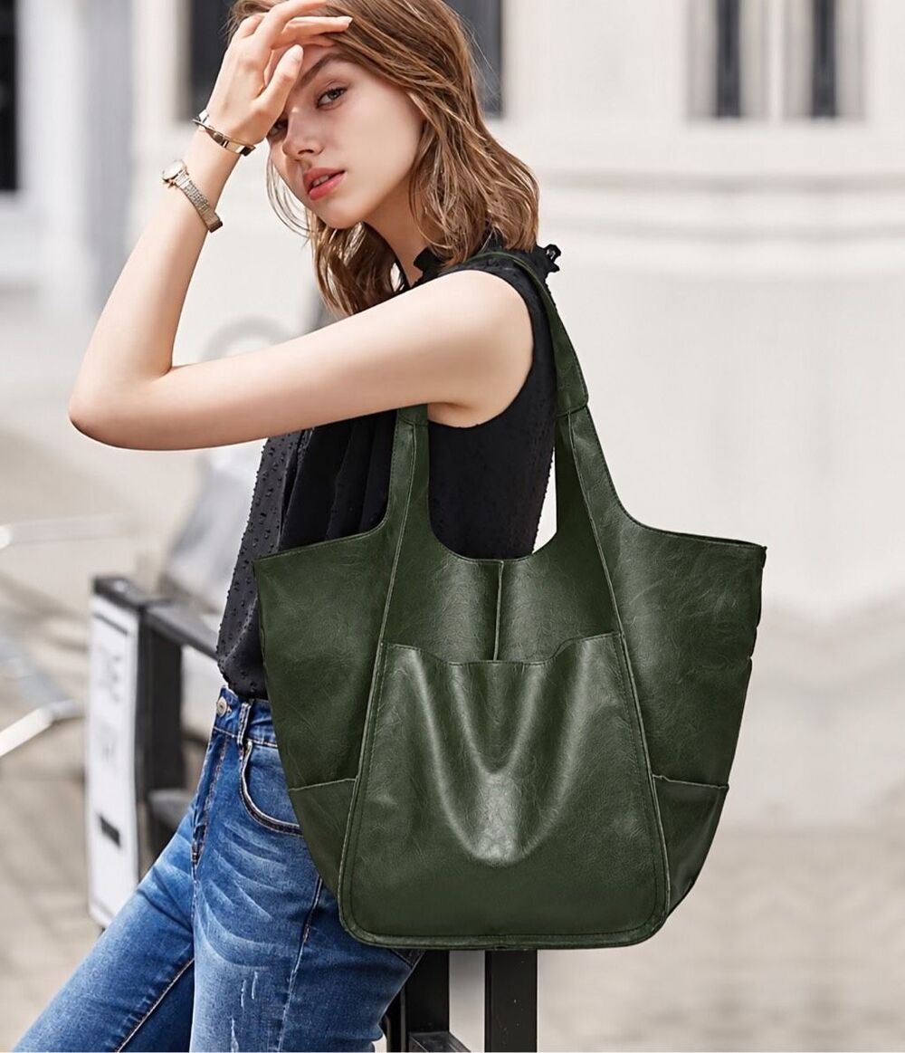 Italian Luxury Boutique Vegan Leather Tote Shoulder Bag Forest Green NWOT - Picture 5 of 7